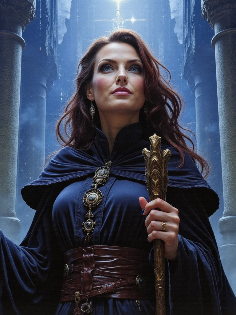 Close-up portrait photo of person she is a scholarly mage from the Mages Guild, wearing black Oblivion-era wizard robes with astronomical symbols, holding a staff, eyes glowing with magical knowledge, she is looking up at the sky