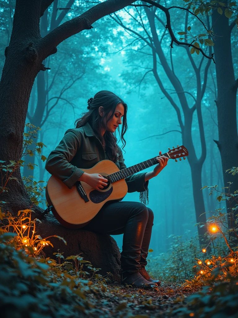 Digital illustration of person playing the guitar in a mystical forest, bioluminescent plants glowing, dreamy atmosphere, fantasy style, intricate details, magical ambiance