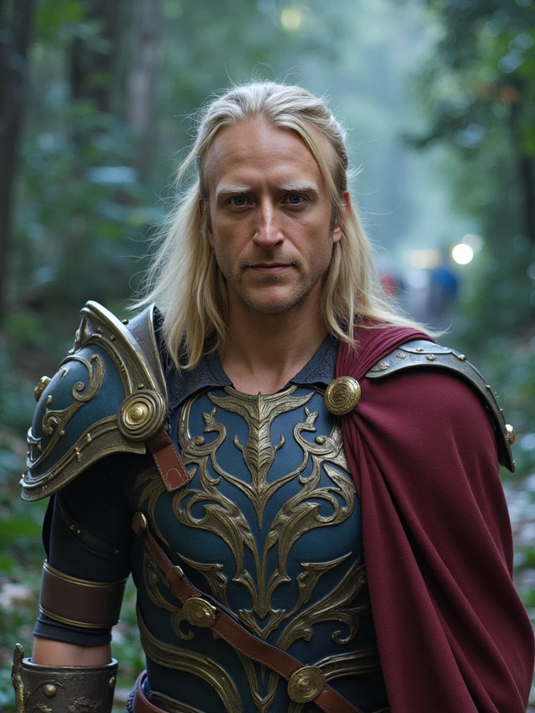 Stylized illustration of person as a fantasy character, elvish features, ornate armor with glowing runes, surrounded by dancing magical light particles, detailed fantasy world, digital concept art style