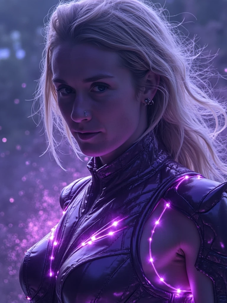 Cinematic portrait of person, cosmic avenger in futuristic purple armor with glowing accents, strong jawline and intense eyes, cosmic storm of purples and teals surrounding her, energy particles floating around her hands, dramatic sci-fi lighting