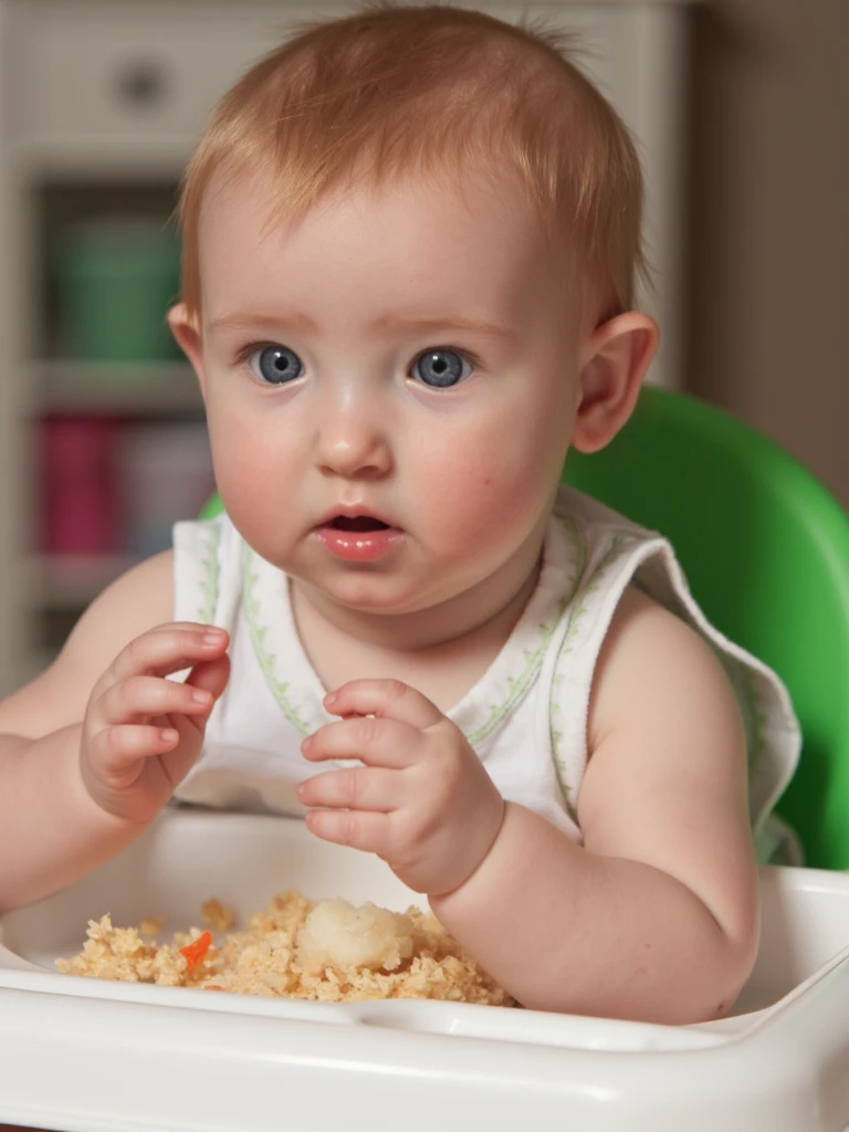 Portrait photo of person eating oatmeal in jer highchair and flinging her food everywhere 