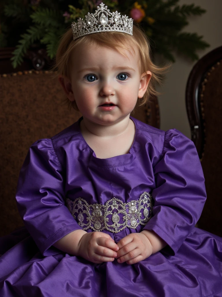 Portrait photo of person in an ornate purple gown wearing a crown