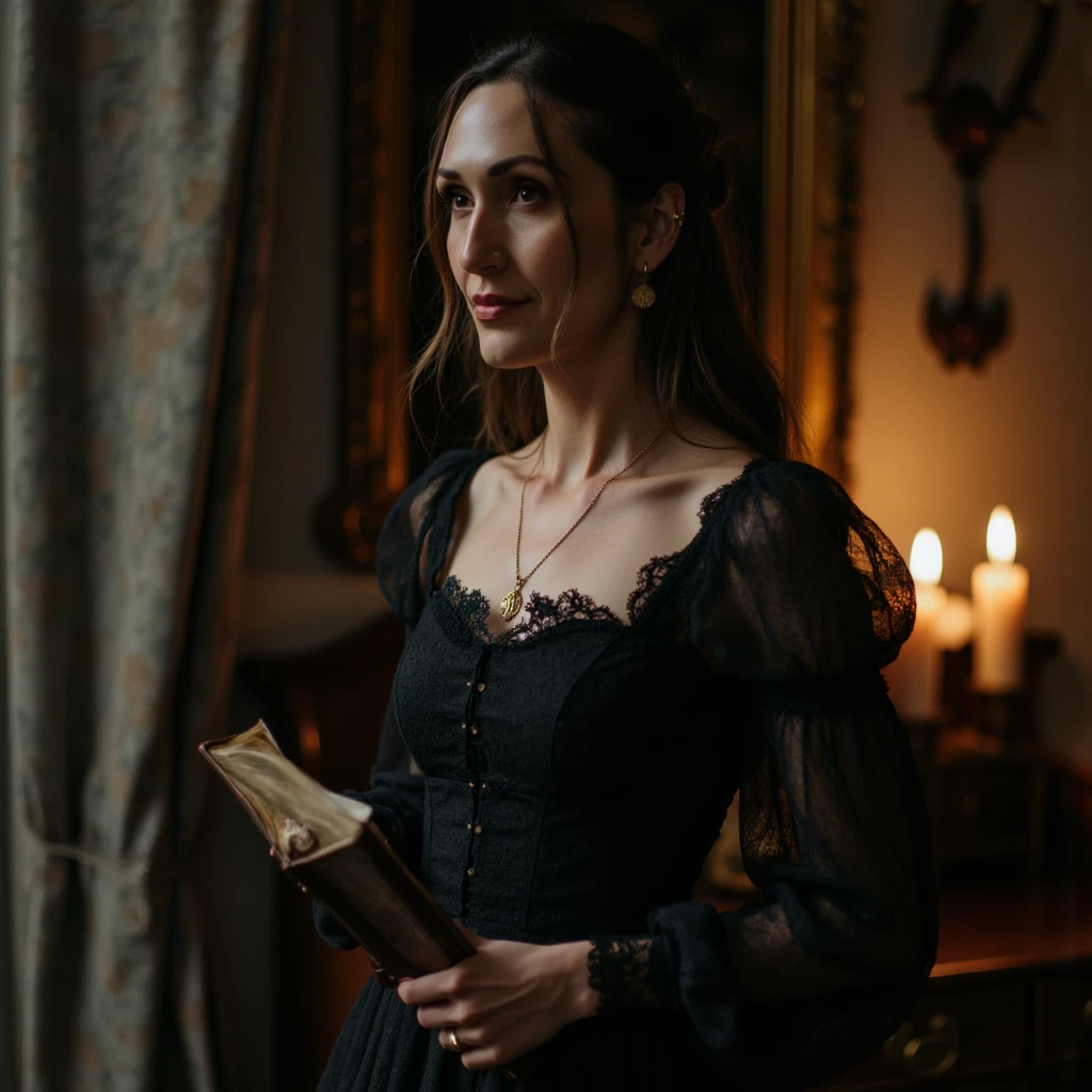person Waist-up fashion portrait, model in corseted dark lace dress, hair pinned back, holding an antique book at chest height. Low-key lighting, chiaroscuro effect with candlelight, moody cinematic photography.