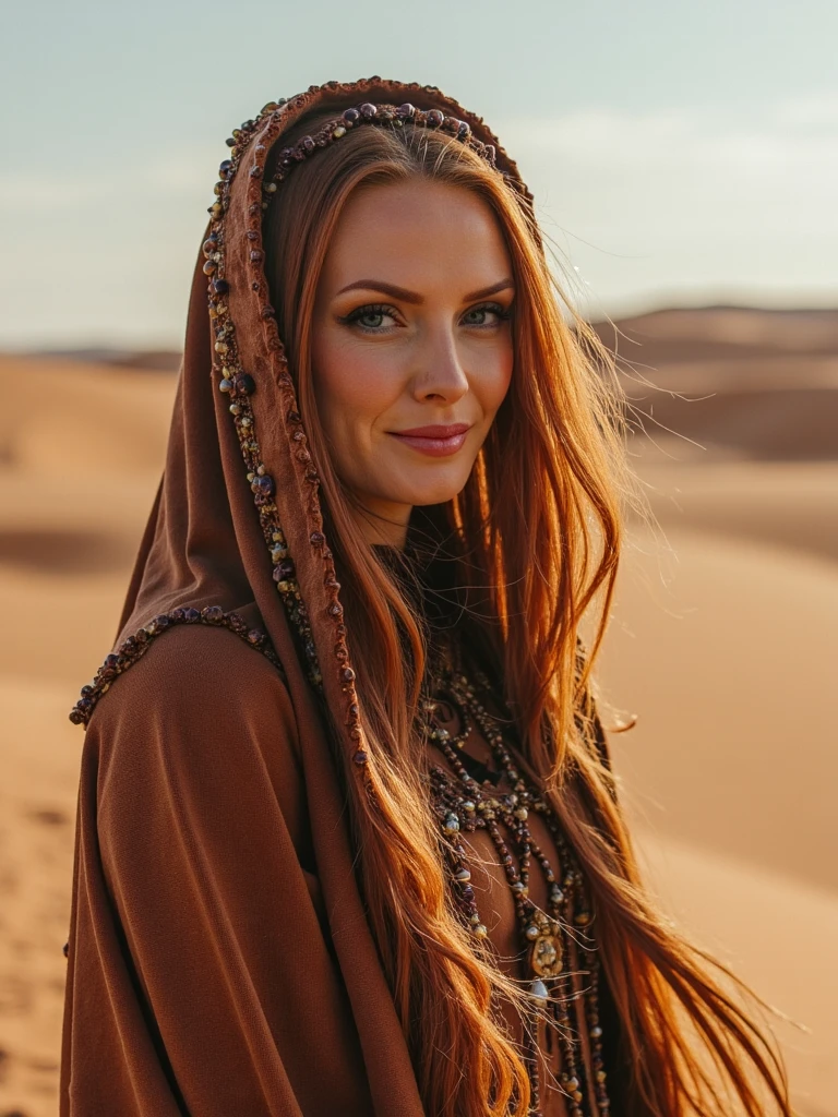 Dramatic portrait of person as an enigmatic Reverend Mother, adorned in ritual attire with complex layers of textured fabric, hypnotic gaze directly at viewer, detailed facial features showing centuries of wisdom, against a sandy Arrakis desert, sand swirling around her silhouette