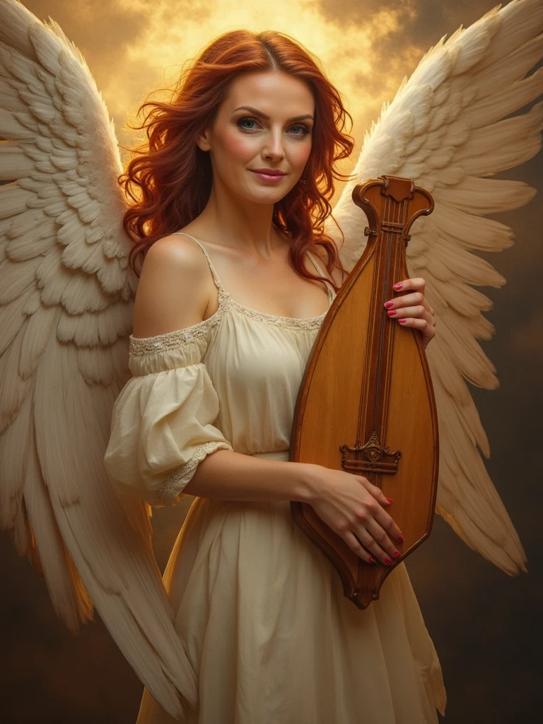 Renaissance-style oil painting of person portrayed as a angel among swirling clouds. Rich, warm colors emphasize the subject's innocent face gazing directly at viewer. She is holding a harp. Small wings with detailed feathers, draped in classical white cloth. Golden light bathes the scene in ethereal warmth, highlighting the subject's expressive eyes.