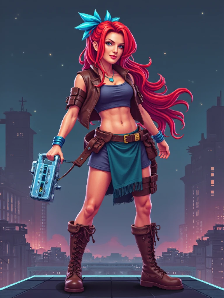Stylized pixelated illustration of person as an 8-bit character , she is in an action pose, pixel perfect details, set against a simple level design grid, digital pixel art, video game backdrop