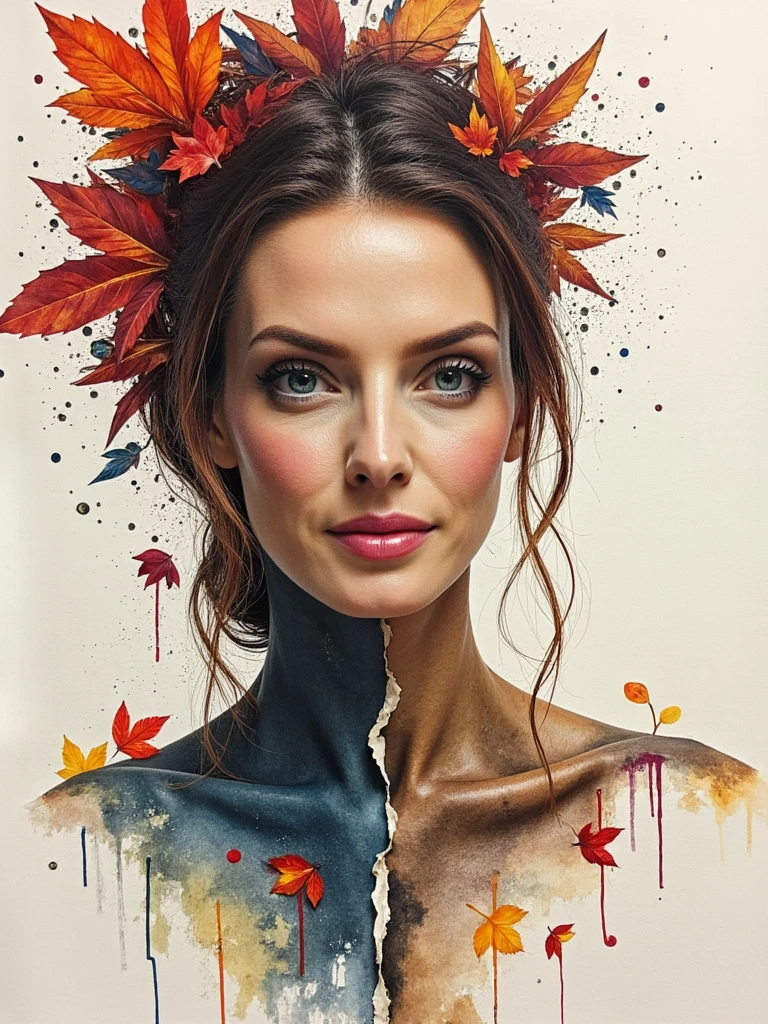 Abstract Experimental watercolor portrait of person with dramatic color splatters, ink-drawn details over wash, pensive gaze directly at viewer, sharp cheekbones catching light, torn paper texture visible in painting, autumn leaves swirling around, rain-streaked effect creating melancholy mood