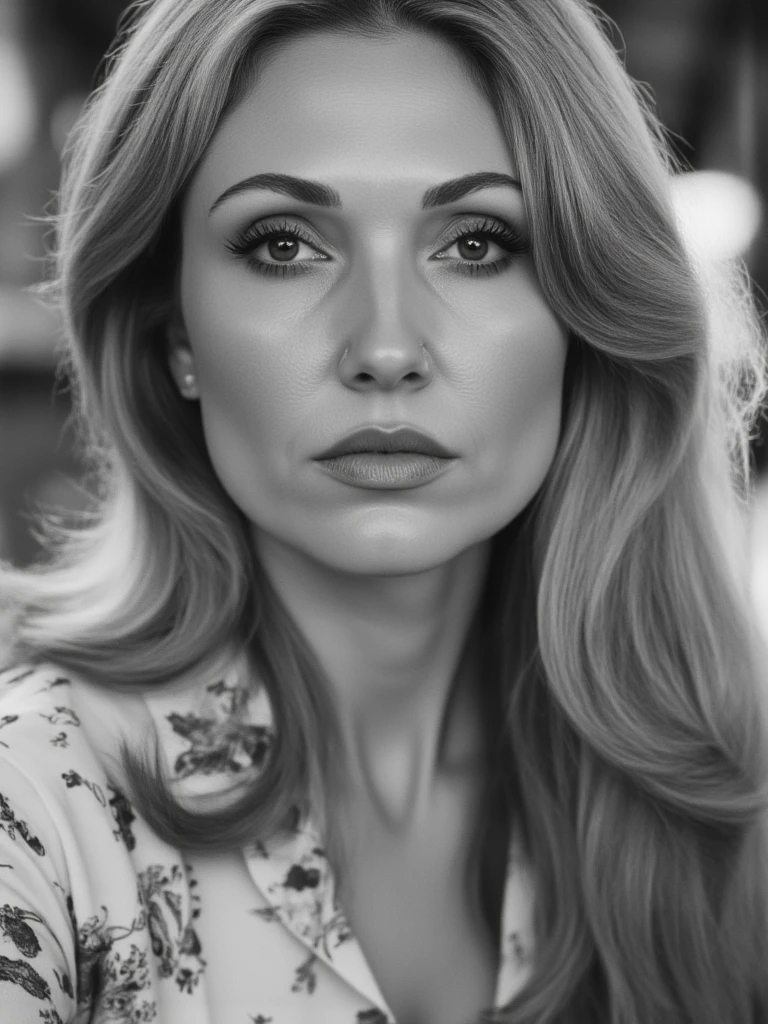 person1960s-inspired soft focus portrait of a woman with long, center-parted blonde hair, natural makeup with defined lashes, serene expression, vintage floral blouse, sun-dappled lighting, shot in black and white, subtle grain texture, close-up composition, ethereal and timeless mood