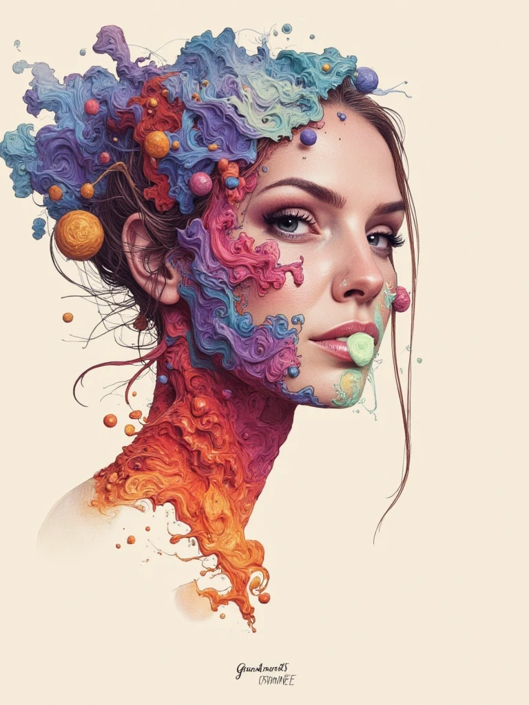 person with her face partially obscured by floating color fields, abstract portrait exploring presence and absence, minimalist approach with maximum emotional impact, negative space as important as positive forms, conceptual depth