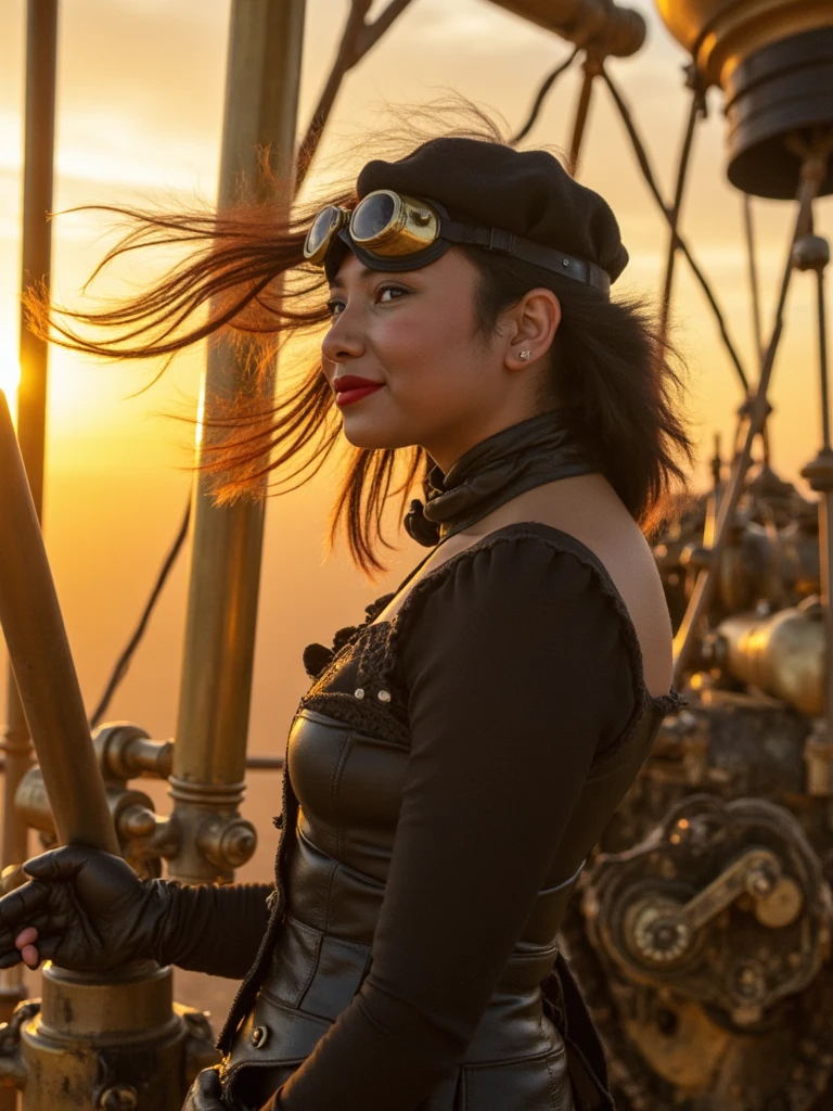 Dramatic steampunk photography. person standing atop a clockwork airship, wind whipping through their hair, brass goggles pushed up on their forehead. Golden sunset illuminates copper and brass machinery. Victorian-inspired outfit with leather accents and utility pouches. Cinematic lighting, depth of field, inspired by Jules Verne and Hayao Miyazaki.