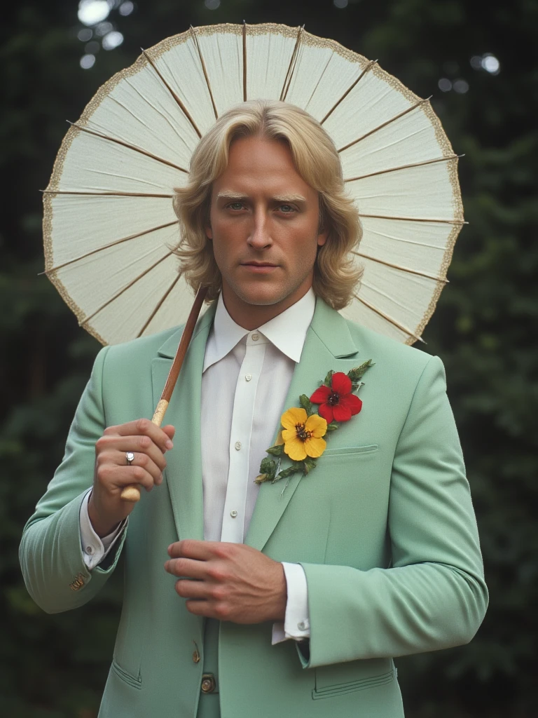 person A stylish blonde man with wavy hair wearing a mint green suit embroidered with large red and yellow flowers, white shirt, bolo tie, and rings on both hands, holding a white paper parasol behind his head like a halo, standing outdoors in front of dark green trees. His expression is playful and slightly bashful, with a retro, candid 1970s photo vibe, soft lighting, and shallow depth of field.