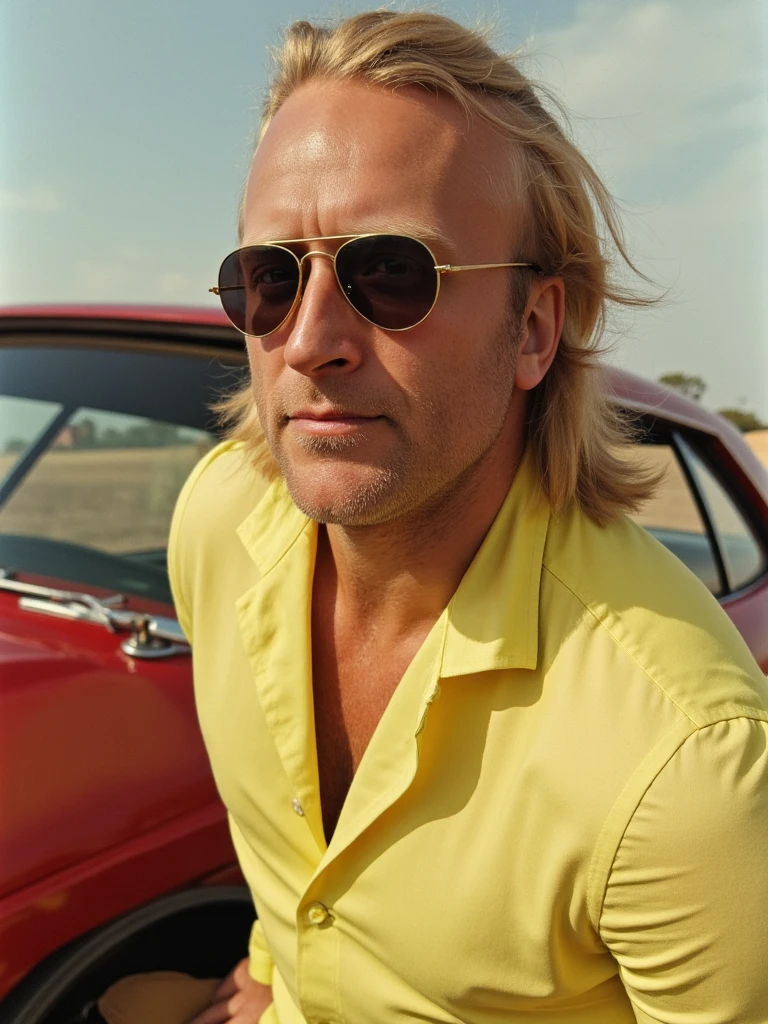 Photo of a person with feathered hair and round sunglasses, neon polyester suit, leaning against a classic car, 70s film grain effect and warm tones.