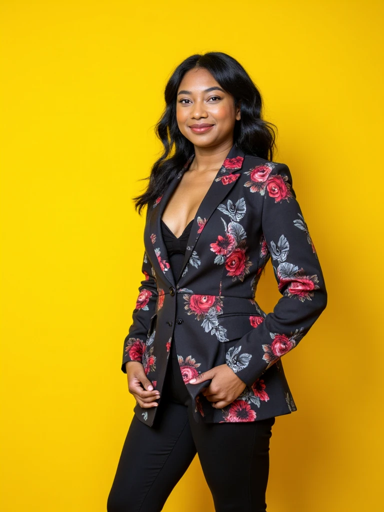 Professional branding photoshoot of person wearing a tailored floral suit coat, she is confidently posed against a bright yellow backdrop, professional studio lighting, sharp focus, corporate portrait style, high-quality DSLR photograph, personal branding, LinkedIn profile, magazine quality, editorial composition