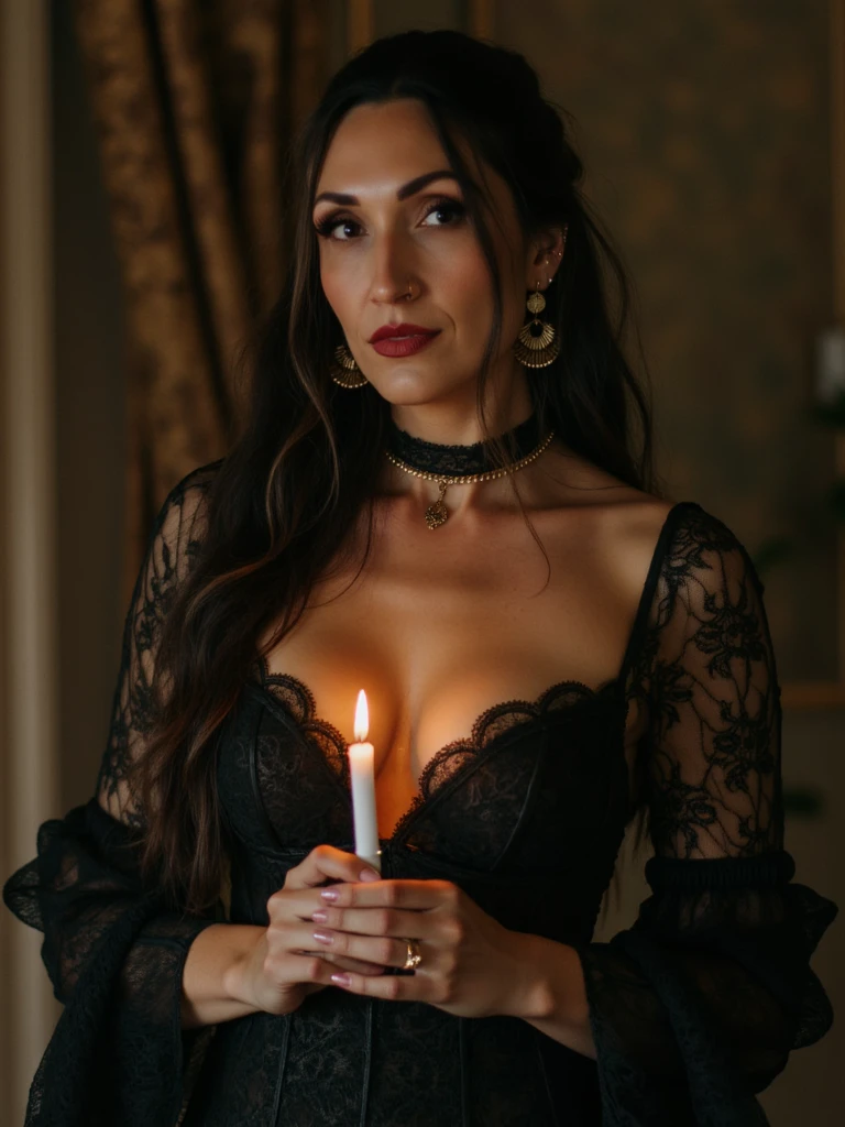 person Waist-up portrait of a seductive Victorian witch in a corseted black lace gown with sheer sleeves, neckline slightly daring, dark choker necklace at her throat. Her long wavy raven hair spills over one shoulder, lips painted deep crimson, eyes lined with smoky kohl. She holds a single candle close to her chest, warm golden glow highlighting her curves and collarbones against a dim, textured Victorian wallpaper background. Cinematic, moody editorial photography with soft shadows and rich gothic tones.