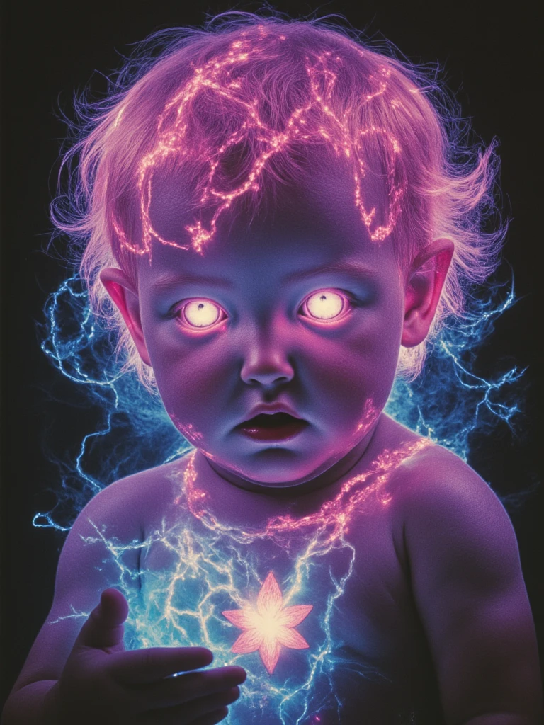 person illustrated fantasy hero portrait of a baby, neon-outlined silhouette, 80s movie poster style, cosmic energy swirling, detailed face with determined expression, magical aura, lightning effects, gradient color scheme, floating magical runes