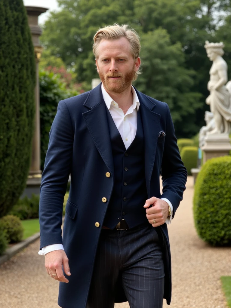 Fashion portrait photo of person in a meticulously detailed dark blue regency period ensemble, walking in a London garden with tall hedges, his complexion radiant in natural light, intricate garden statuary visible in the composition