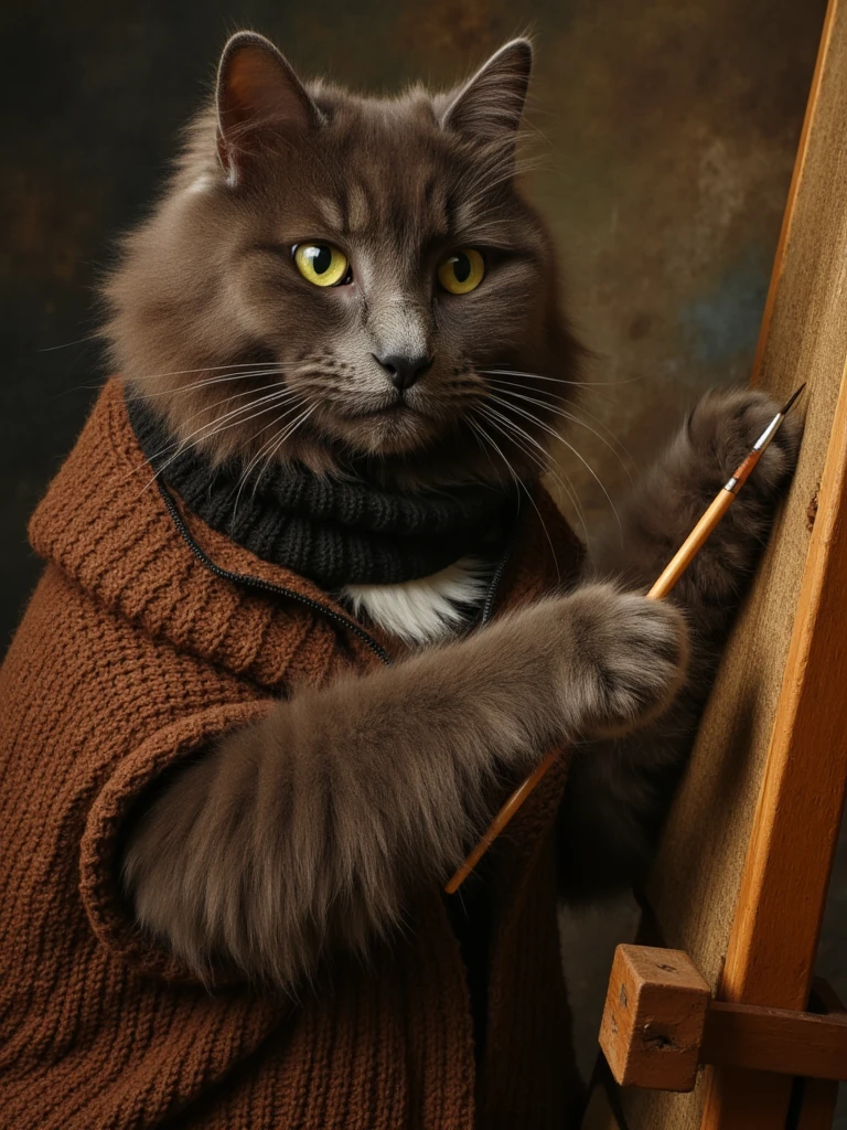 renaissance portrait of cat the cat,  as a brooding artist about to create a masterpiece. Looking regal. wearing a turtleneck. his paw holding a paintbrush and reaching out toward a canvas