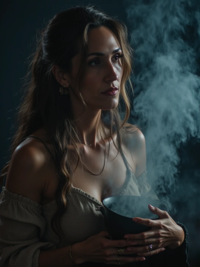 person Waist-up portrait, model holding a small cauldron close to her torso, smoke billowing upward and curling around her face. Dim directional light from one side, cinematic smoke effect, dramatic high-contrast photography.