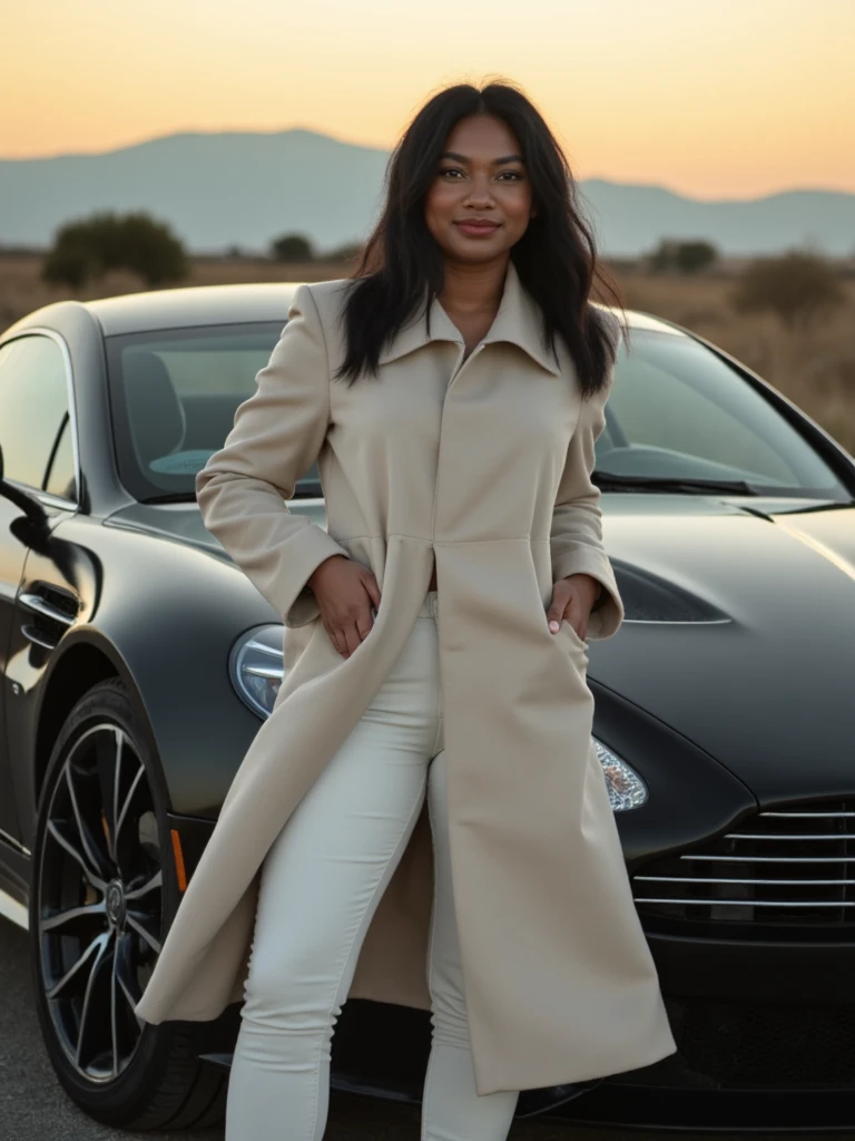 Professional photoshoot of person  as a woman spy posing beside an Aston Martin, wearing a white pea coat with white pants, mountains in background, golden hour lighting, faded lighting, sunset, looking sad