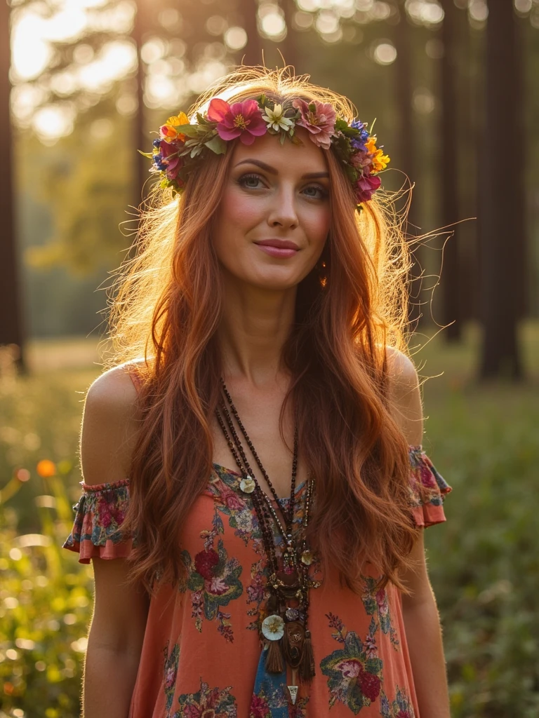 Depict a person as a free-spirited 1970s hippie, surrounded by nature with golden sunlight filtering through the trees. She wears a flowing boho dress with floral patterns, layered necklaces, and a flower crown nestled in her long, wavy hair. Her expression is calm and open-hearted. The colors are warm and earthy—soft oranges, faded denim blues, and sun-drenched browns—capturing the peaceful, dreamy essence of the era.
