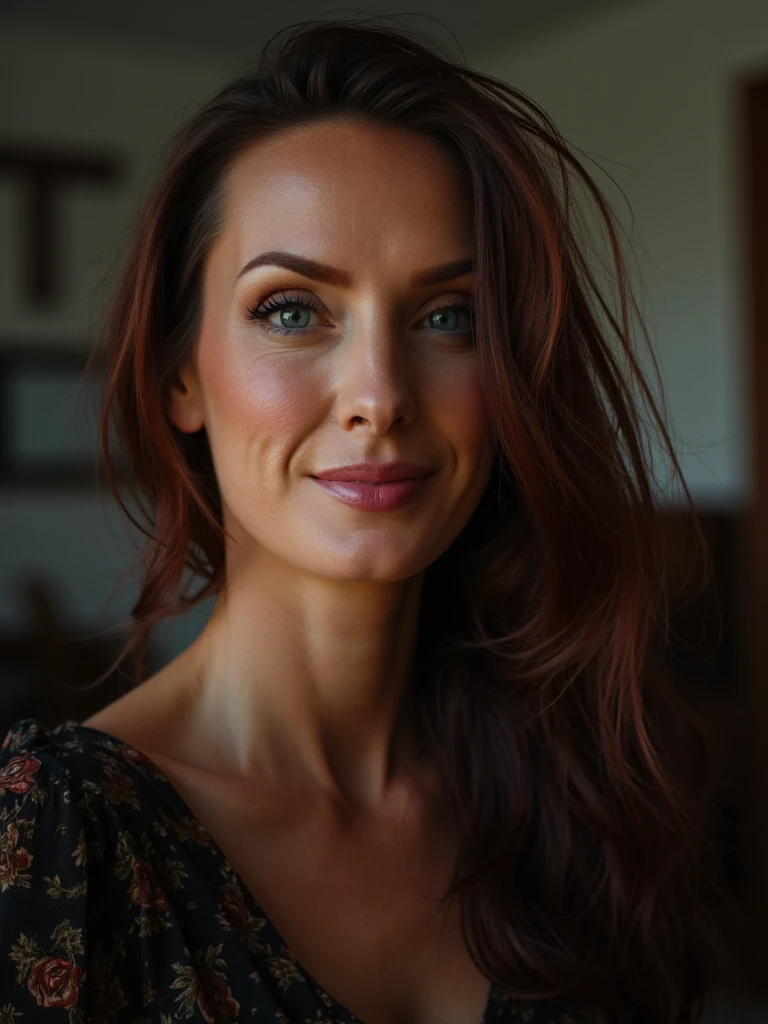 person cinematic portrait, perfect Rembrandt lighting highlighting cheekbone, film grain texture, shallow depth of field, intense gaze directly at camera, professional headshot style, rich color grading, subtle environmental bokeh