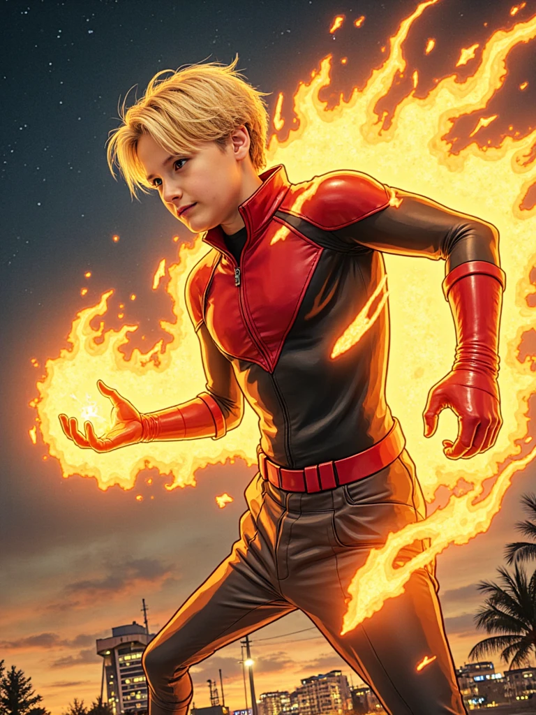 Comic book style art of person as a superhero with elemental powers, dynamic lighting and motion lines emphasizing their movement, city lights twinkling below. he has short blonde hair.