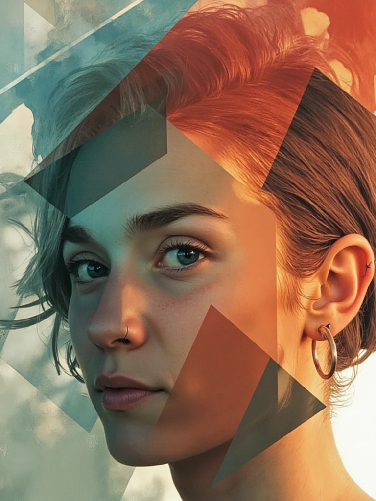 person with captivating deep-set eyes and high cheekbones, framed by geometric abstract shapes that seem to emerge from her thoughts, a portrait merging human form with conceptual design elements, layers of translucent color blocks intersect across the composition, her expression contemplative against a background of deconstructed patterns and bold primary colors, soft hair styled in an asymmetrical cut that complements the angular composition