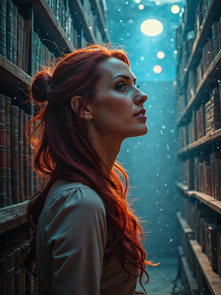 Digital portrait painting of person exploring an abandoned cosmic library where books float in zero gravity, planets visible through glass ceilings, soft nebula lighting,m her face is soft and glowing