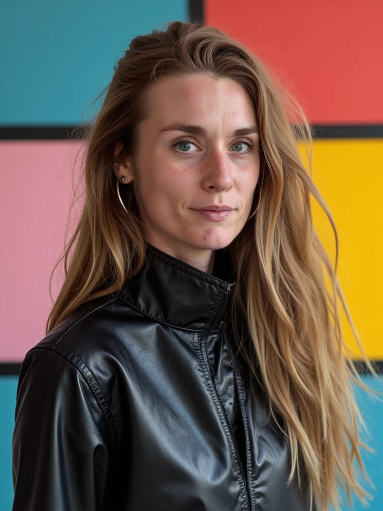 Edgy fashion studio portrait of person wearing architectural clothing designs, styled with unconventional makeup, she has long hair, against a color-blocked background, sharp focus, inspired by Tim Walker's surrealist fashion photography