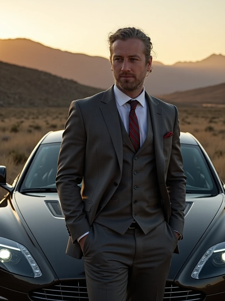 Professional photoshoot of person  as a spy posing beside an Aston Martin, wearing a tailored suit, mountains in background, golden hour lighting, faded lighting, sunset, looking brooding