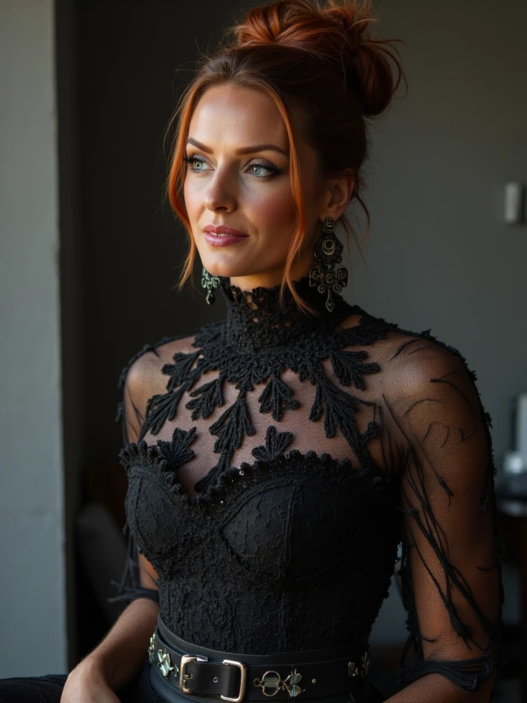Dramatic fashion editorial, person as the centerpiece, dramatic high lace collar, professional studio lighting, stark minimalist background, Vogue-style composition, shot by Annie Leibovitz, cinematic color grading, hyper-detailed textures, geometric updo hairstyle. she is wearing a geometric belt, she is looking away from the camera