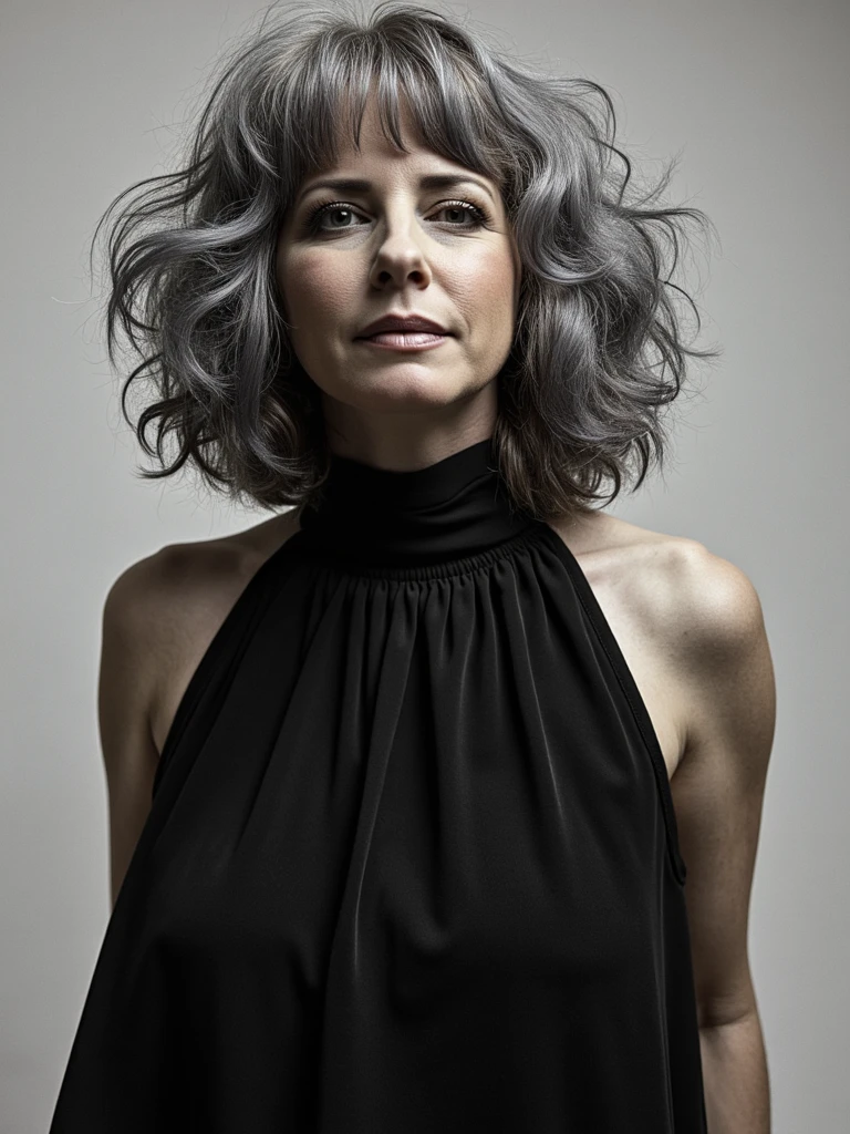 Dramatic fashion editorial, person as the centerpiece, dramatic high collar, professional studio lighting, stark minimalist background, Vogue-style composition, shot by Annie Leibovitz, cinematic color grading, hyper-detailed textures, grey hair
