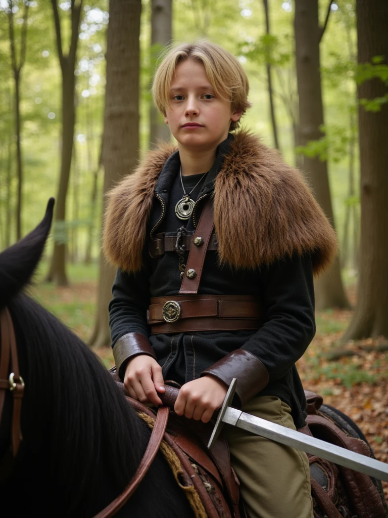 person as a teenage boy with a fur cape on horseback, with sword at ready, intense portrait photo, Viking scout in dense forest, dappled sunlight, leather bindings on sword hilt, alert expression, listening for danger, autumn leaves scattered around, Norse amulet at neck
