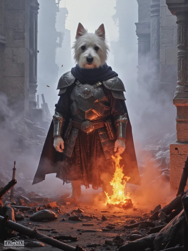 dog with eyes that burn with inner fire, wearing armor forged in dragon flame, standing in a battlefield where magical armies once clashed, epic fantasy composition, residual spell effects visible as colored mist and floating runes, broken magical weapons still emanating power