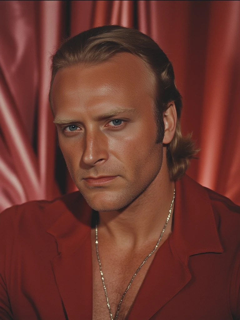 person posed mid-chest up in a retro lounge scene with soft draped fabric background in warm tones. Wearing an open-collar silk shirt in rich color, slim gold chain, casual tousled hair. Eyes looking off-camera with a relaxed, self-assured expression. Soft diffused lighting with slight haze, subtle grain for vintage 70s film feel, velvet future editorial style