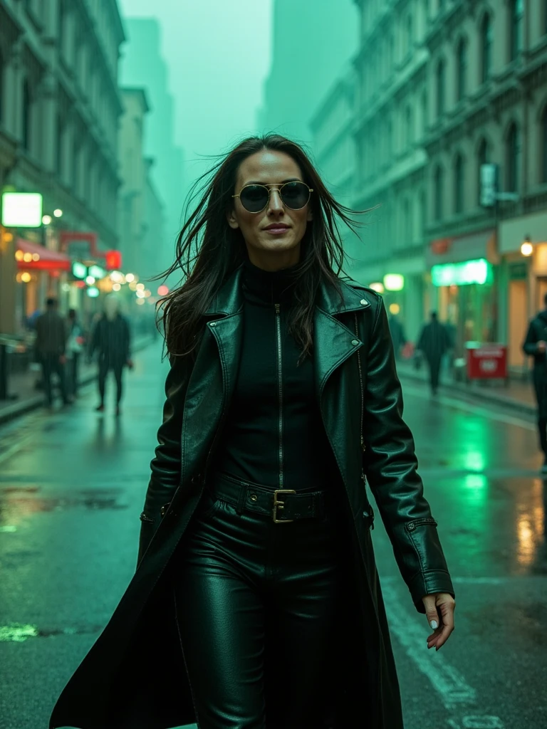 high-resolution cinematic photograph of person as the chosen one in a dystopian cyberpunk matrix world, wearing a sleek black leather trench coat, reflective sunglasses, surrounded by cascading green code, dodging bullets in slow-motion, urban digital landscape, rain-slicked streets, blue-green color grading, inspired by Wachowski films