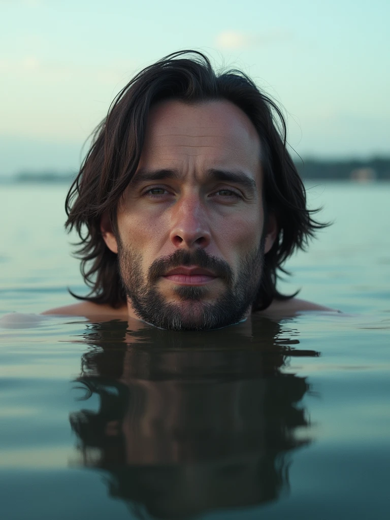 portrait of person with middlelong dark hair and short beard with his face half above the water surface with horizon in the background, soft cinematic lighting, 16mm film