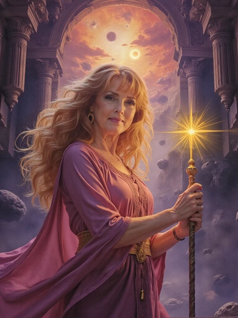 person with detailed facial features, wielding staff with captured star, cosmic gateway, celestial bodies, magic particles floating
