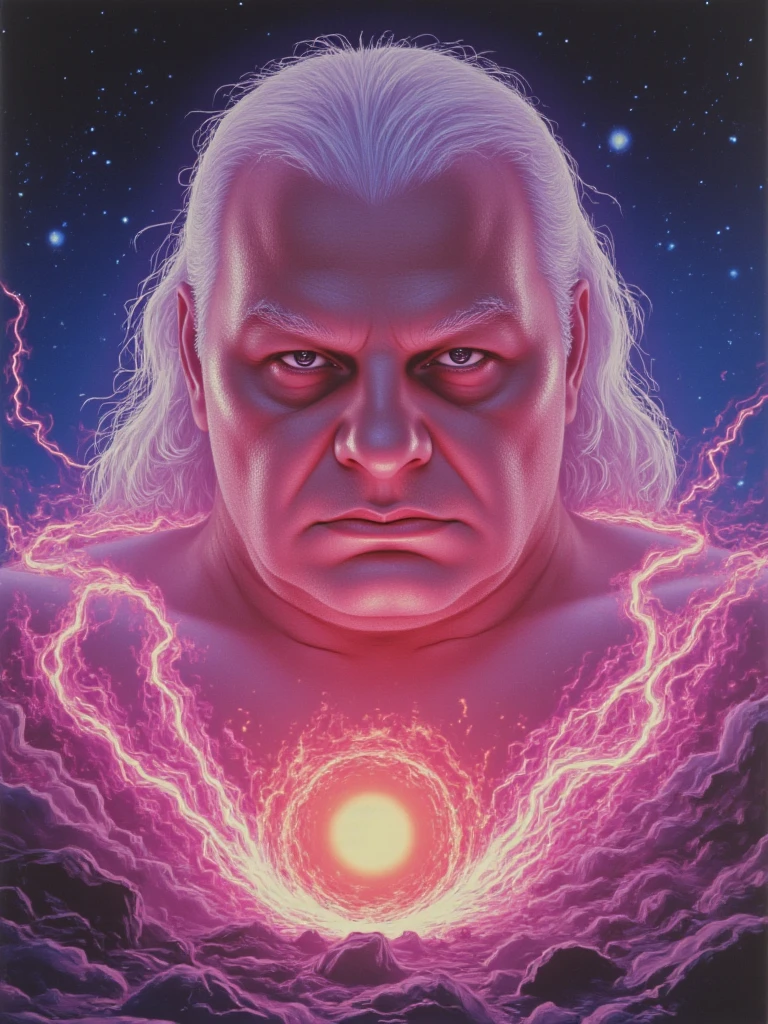 person illustrated fantasy hero, 80s movie poster style, cosmic energy swirling, detailed face with determined expression, magical aura, lightning effects, gradient color scheme,