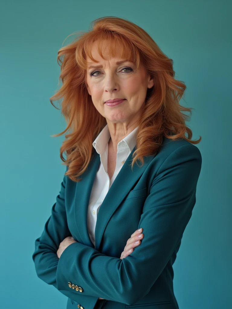 Professional branding photoshoot of person wearing a tailored teal suit coat, she is confidently posed against a bright teal backdrop, professional studio lighting, sharp focus, corporate portrait style, high-quality DSLR photograph, personal branding, LinkedIn profile, magazine quality, editorial composition, the wind is blowing her long red hair, "brooding mad serious face, furrowed eyebrows"