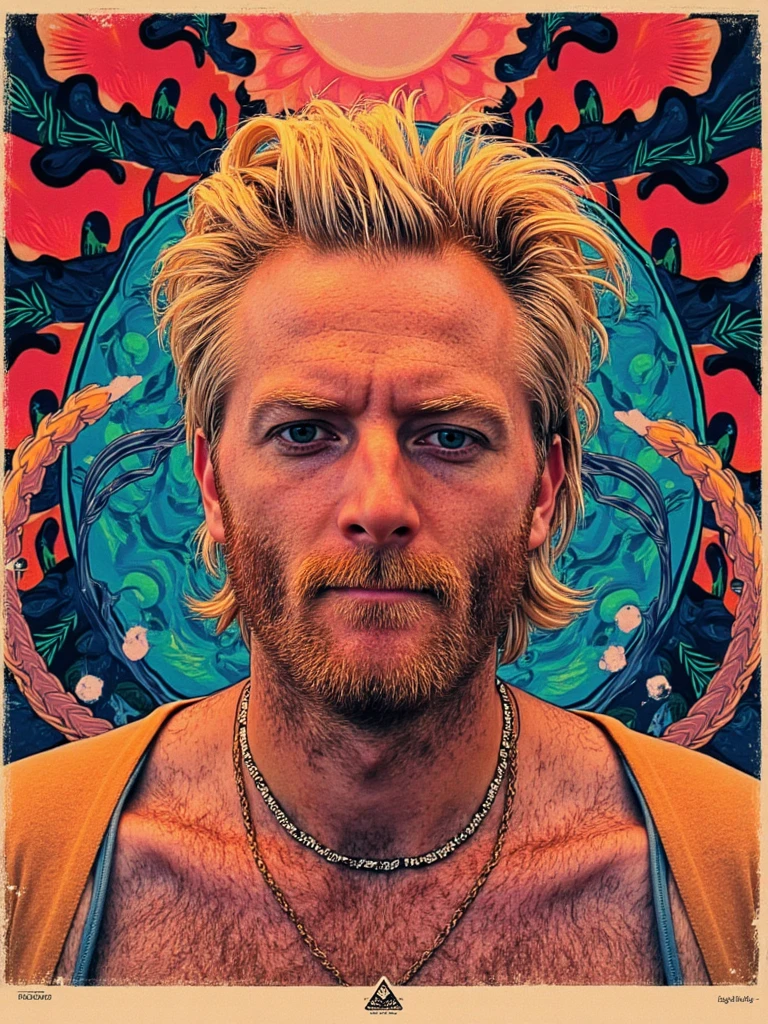 an illustration poster inspired by the movie The labyrinth of Pan.The poster is centered on person depicted as Ziggy Stardust. In the style of Jack Kirby, psychedelic colors and shapes