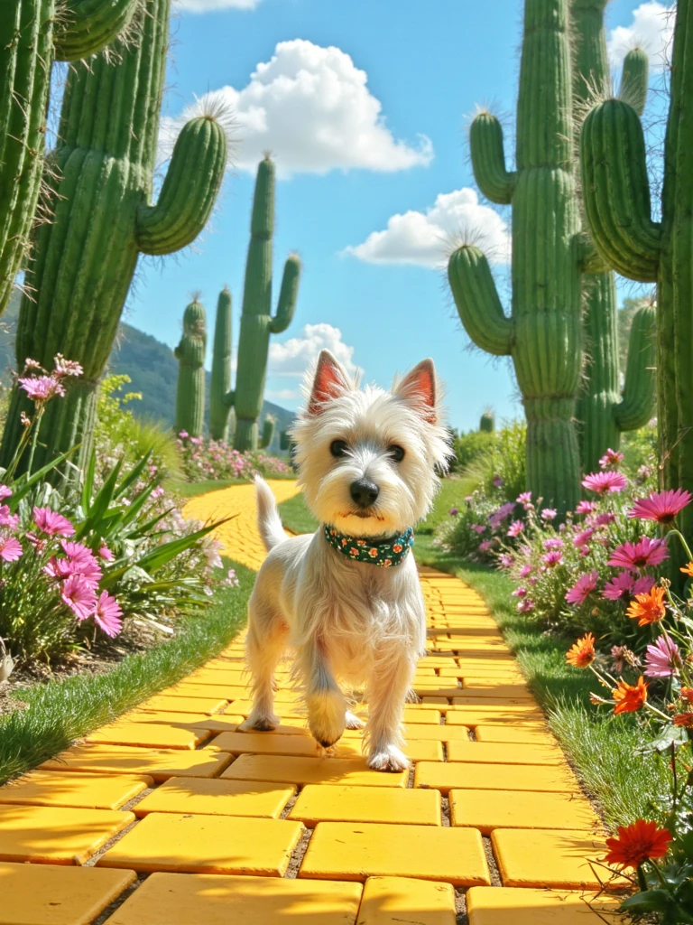 Vector illustration of dog as a quirky cartoon character walking confidently down the yellow brick road in OZ. The scene is vibrant, filled with whimsical flowers and towering emerald green trees lining the path. Bright, colorful setting with fantastical floating clouds, casting dynamic, cartoonish shadows. Light-hearted, adventurous atmosphere. Saturated colors, playful lines, reminiscent of a storybook page, stylized shading, energetic composition.