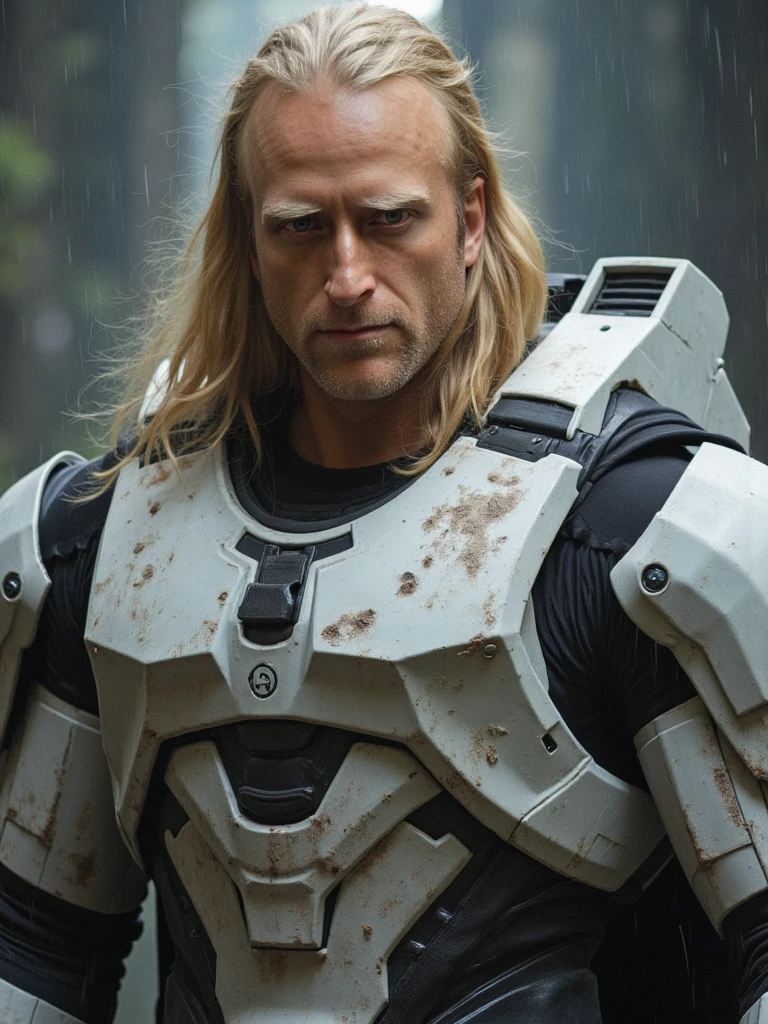 Epic portrait of person with long blonde hair in a weathered white Halo combat armor, battle-scarred metal plates, tactical utility belt with grenades. Moody lighting, rain-soaked, stern expression, holding energy sword glowing ethereal blue. No helmet.