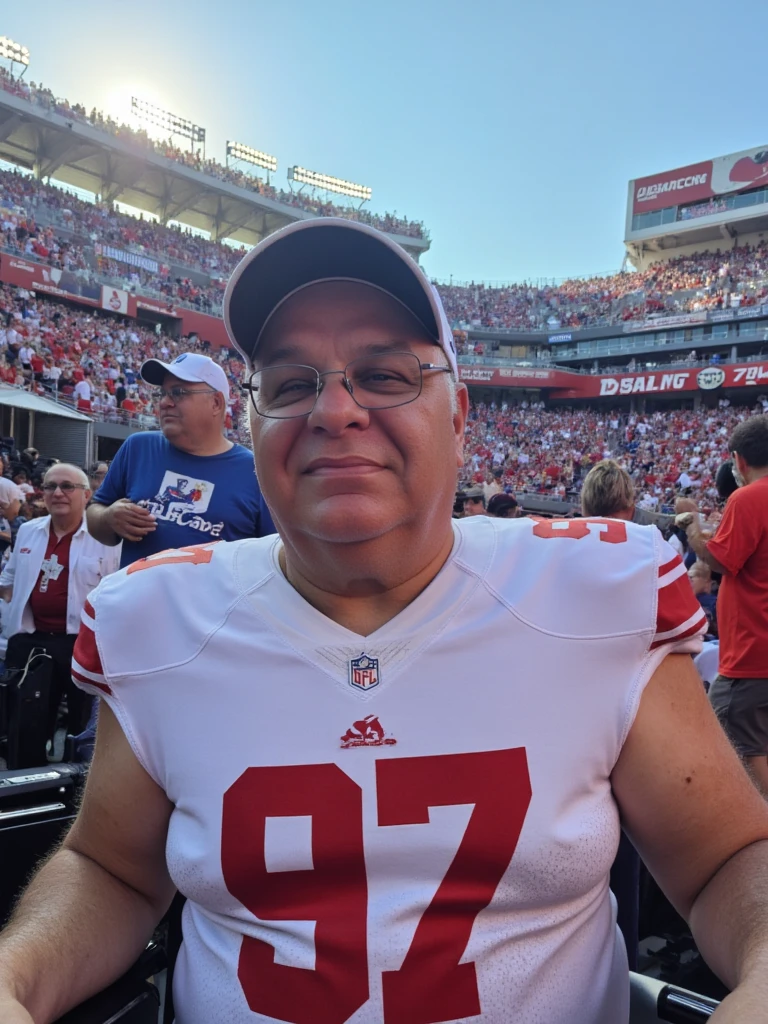 person taking a selfie in a football stadium. Wearing a NY Giants uniform.