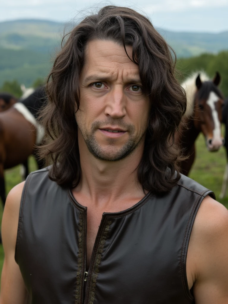 Professional portrait photography of brooding person with silky long brown hair framing his face, piercing blue eyes, defined cheekbones, wearing a fitted medieval-inspired leather vest with intricate detailing, wilderness and horses in the background