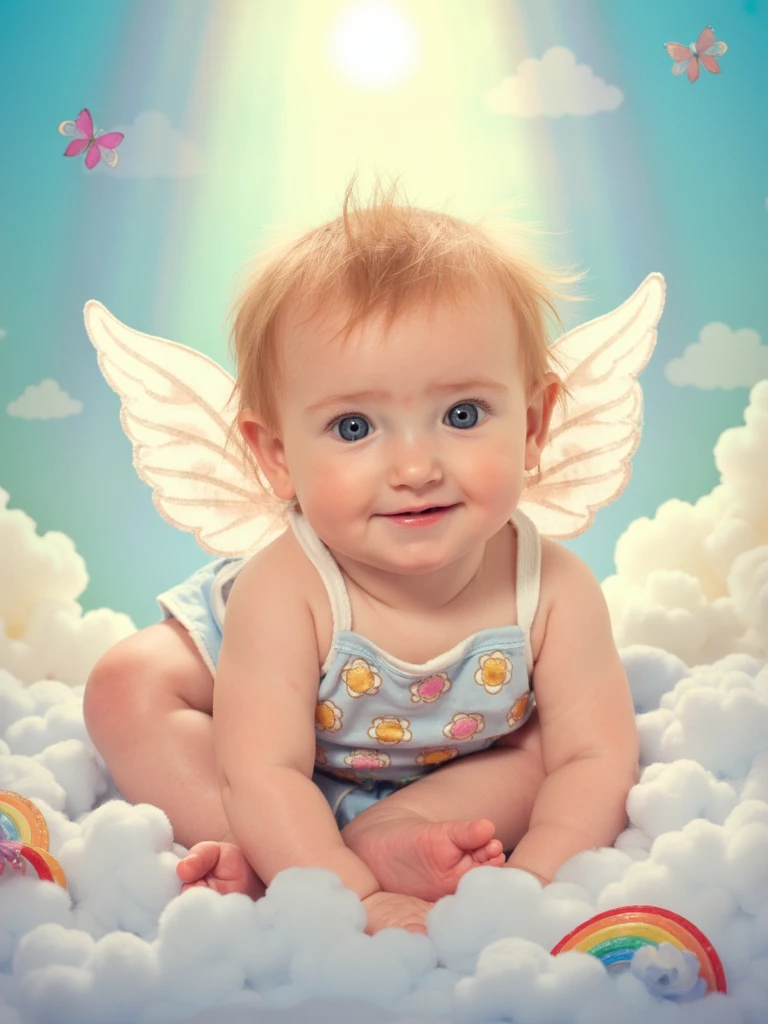 Fantasy illustration of person as a playful baby angel peeking through a break in the clouds, sunbeams creating a spotlight effect, tiny silver wings fluttering, crystal blue eyes wide with wonder, dressed in a garland of cloud-shaped flowers, magical rainbows nearby