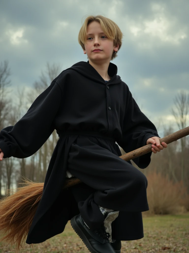 person as a teenage boy on a broomstick, wearing black robes