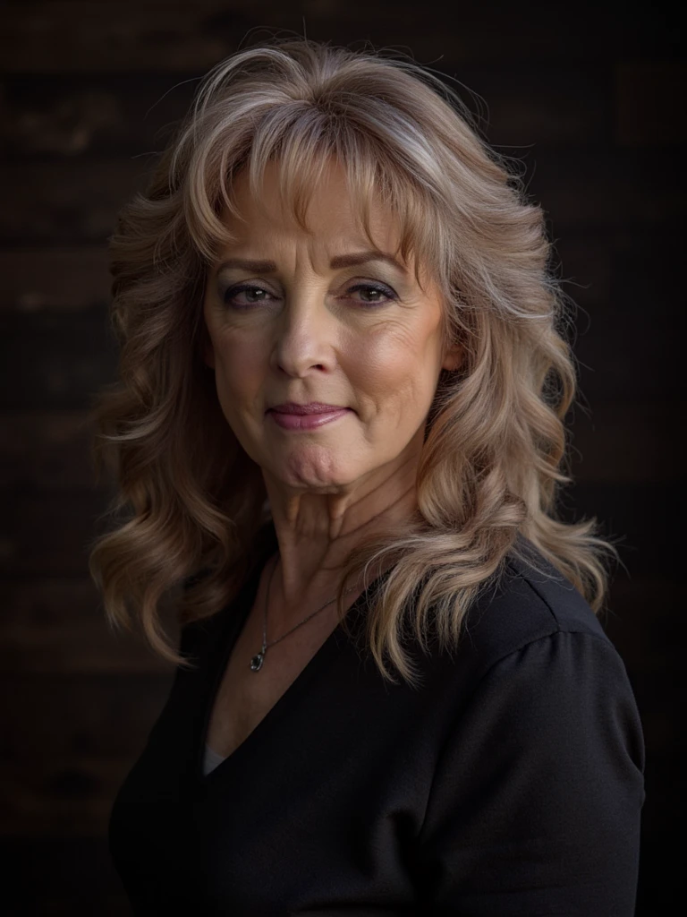 Studio portrait of person with dramatic lighting, long gray hair, wearing avant-garde haute couture, intense expression, fine art photography reminiscent of Annie Leibovitz, cinematic composition, rich contrasting shadows, editorial quality, timeless elegance, professional fashion photography, striking pose, artistic depth