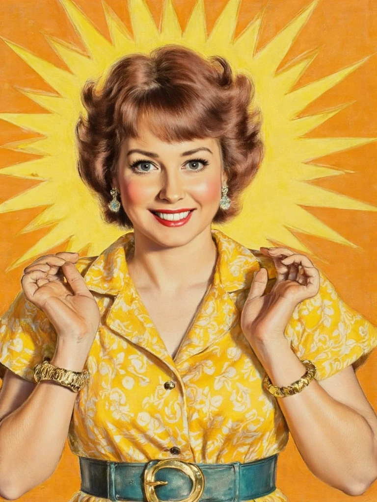 posed mid-frame in a 1950s mid-century modern advertising illustration style, simplified facial features, bold flat colors, crisp vector lines, stylized expression, wearing bright mod clothing with geometric patterns, atomic starburst shapes in background, limited retro color palette, optimistic and cheerful mood, clean vintage print texture person