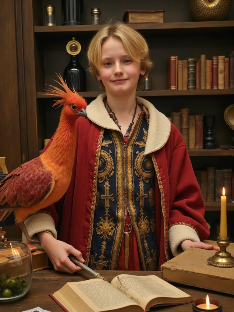 Renaissance portrait of person as a royal alchemist in ornate robes, surrounded by mystical ingredients, ancient books, and a phoenix familiar in a candle-lit laboratory